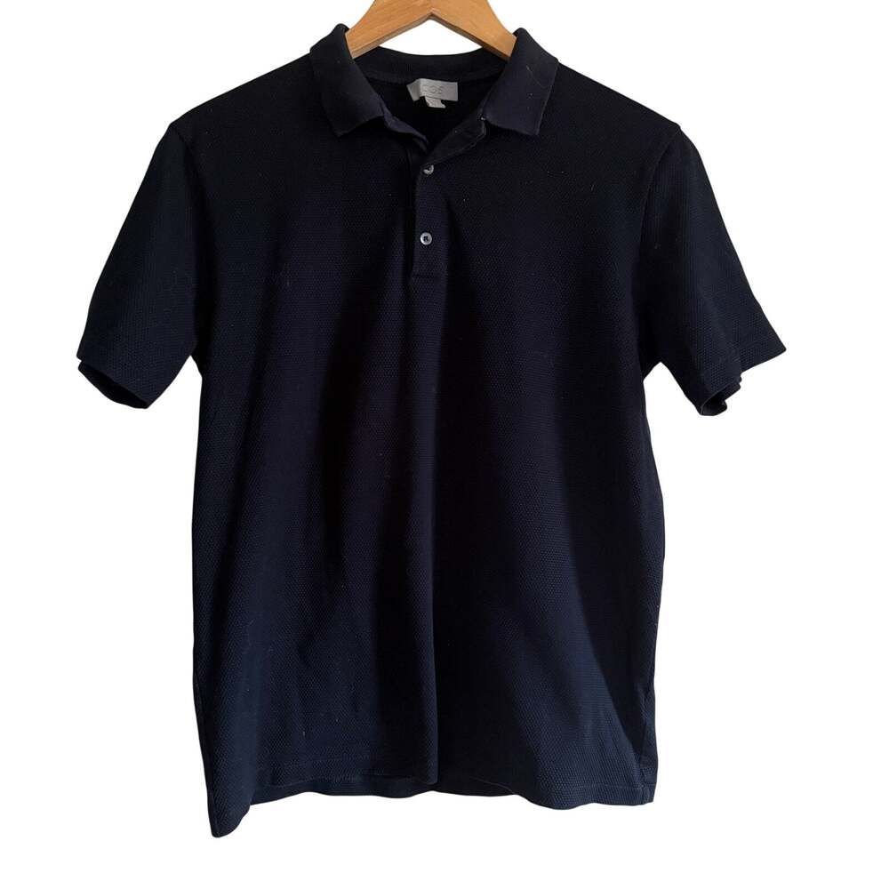 COS | Dark Navy Blue Textured Pique Cotton Polo Shirt | Small